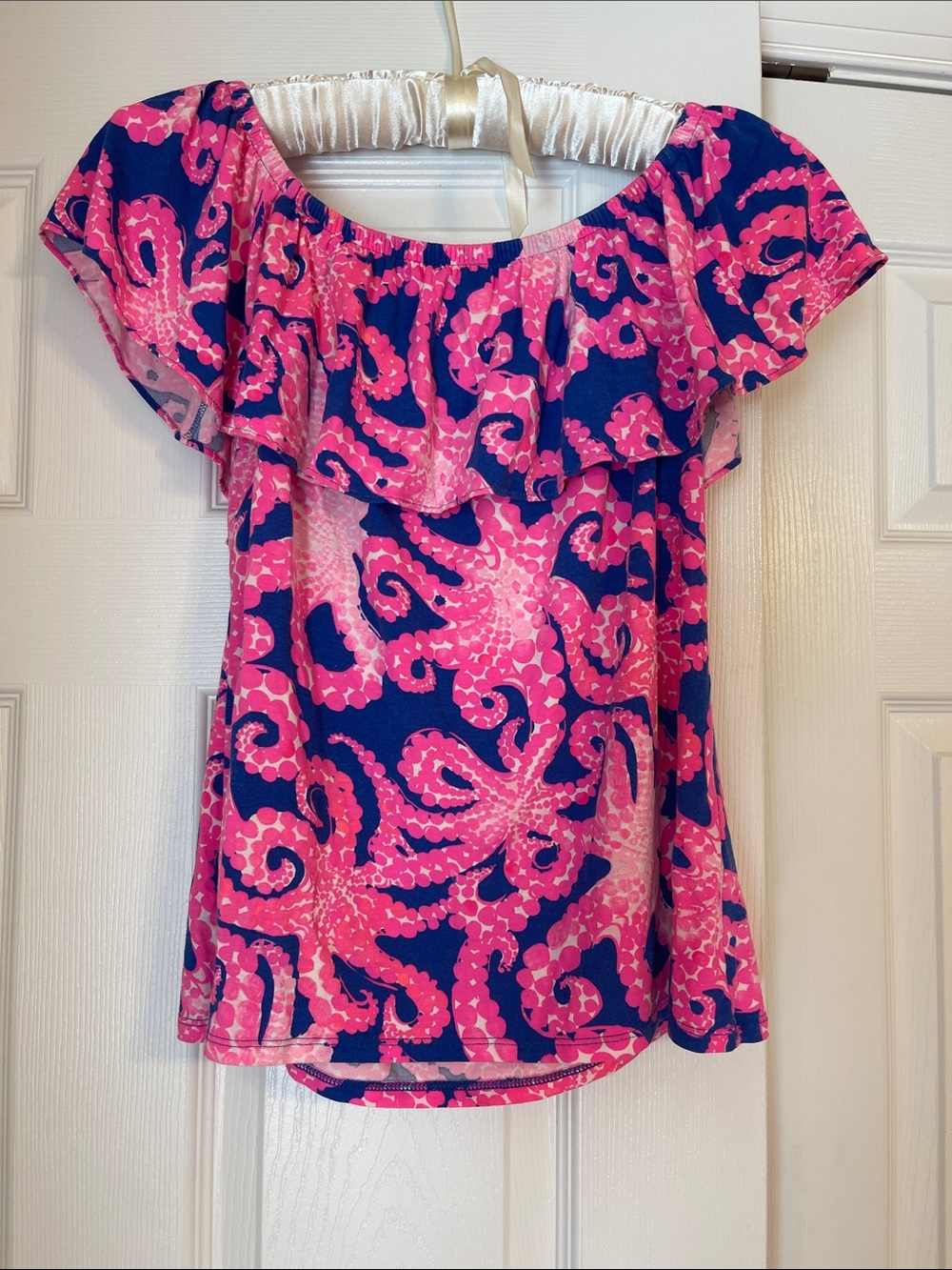 Lily Pulitzer Off-Shoulder Pink & Blue Ruffle Tunic Top